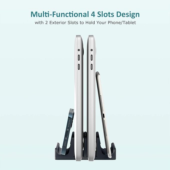 Nukoi Vertical Laptop Stand - SPACEMax Adjustable GRIPLock Anti-Tip Silicone 4 Slots Aluminum Desktop Holder - Double Dock Stand - 2 Phone Slots Fits Up to 17.3” Laptops, Tablets, Phones - Gray