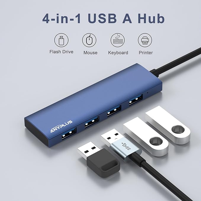 ANYPLUS USB Hub, USB 3.0 Hub Aluminum Alloy Ultra Slim USB Splitter, Portable 4 Port USB Extender, USB Hub for Laptop, PC, MacBook, iMac, Surface Pro, Mac Pro, Flash Drive, XPS 【Blue】
