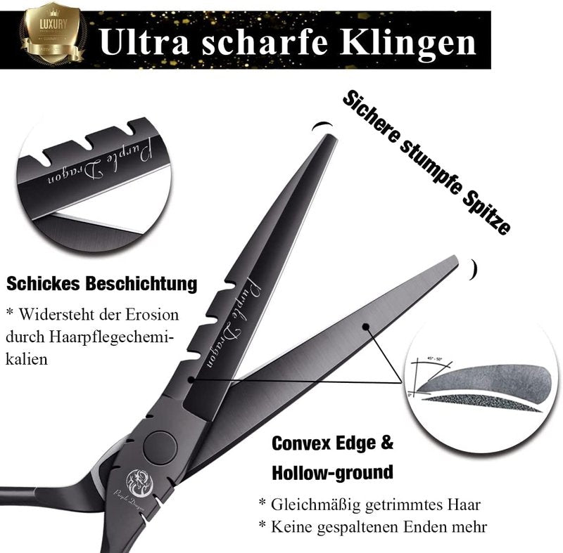 Purple Dragon Professional Japan 440C Hair Salon Cutting Shear and Barber Thinning Scissor Hairdressing Shear Set with Bag