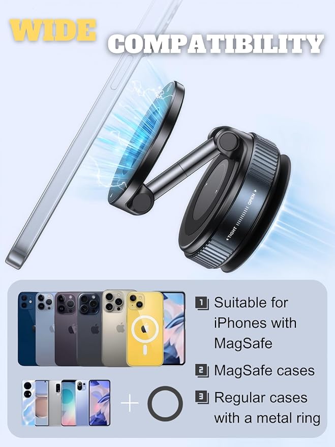 Praisol Car Phone Holder for Magsafe, 360° Adjustable Vacuum Magnetic Phone Mount with 3000gf Magnetic Grip & 40LBS Suction Cup, Shockproof Design for All Smartphones