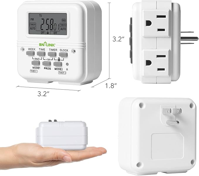 BN-LINK Indoor Digital Light Timer, 7 Day Programmable Plug with 2 Independent 3-Prong Outlets, for Lamps, Fans, 2 On/Off Settings, 1 Pack, 15A/1875W, ETL Listed