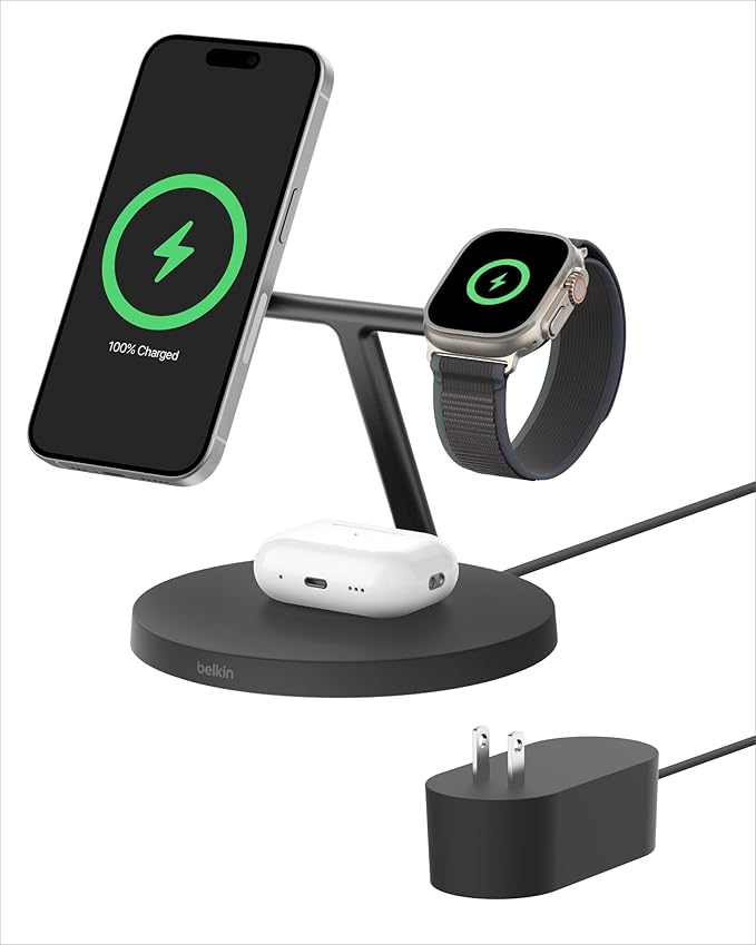 Belkin MagSafe-Compatible iPhone Charger, 3-in-1 Wireless Charging Station, Qi2-Certified 15W Wireless Charge for Apple iPhone 17 Series, Apple Watch, AirPods w/Non-Slip Base, 40W Included - Black