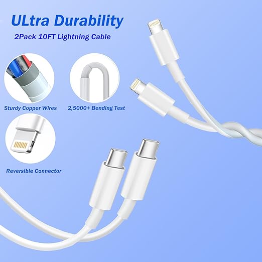 For iPhone Fast Charger, [Apple MFi Certified] 2 Pack PD USB C Wall Charger Block Plug with 10FT Extra Long USB C to Lightning Fast Charging Data Sync Cable for iPhone 14 13 12 11 XR X 8 iPad and More