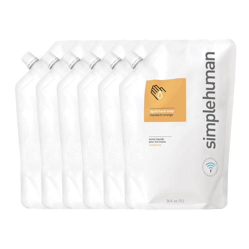 simplehuman Mandarin Orange Moisturizing Liquid Hand Soap Refill Pouch, 34 Fl. Oz. (Pack of 6)