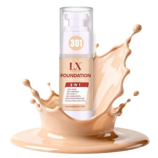 LXSKN 6-in-1 Makeup Infused with 1% Hyaluronic Acid- Matte + Poreless Liquid Foundation For A Glowing & Soft-Focus Look, Suitable for All Skin Types (301 Medium, Moisturizing Foundation)