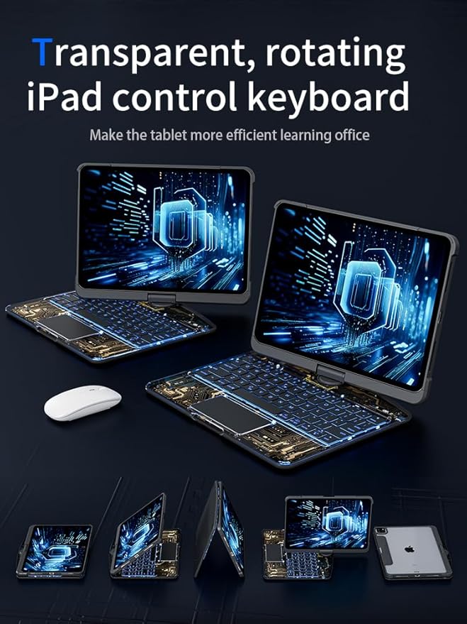 KARTICE Transparent Case with Wireless Keyboard for iPad 10.2 Inch (7th/8th/9th Gen), 7 Colors Backlight, Multi-Touch Trackpad, 360° Rotating Stand Case with Pencil Holder for 10.2'' iPad