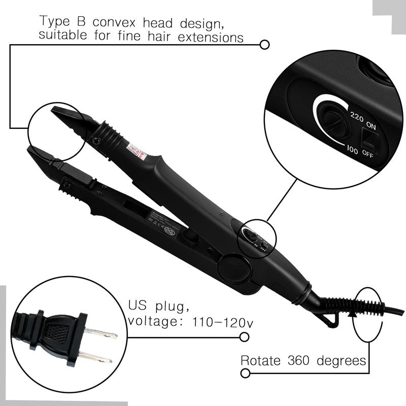 Lothee Hair Extension Tool with Keratin Glue Granule Beads, US Plug, Professional Hair Extensions Tools Heat Iron Connector Wand for U Tip Hair Extensions, B Head (Black)