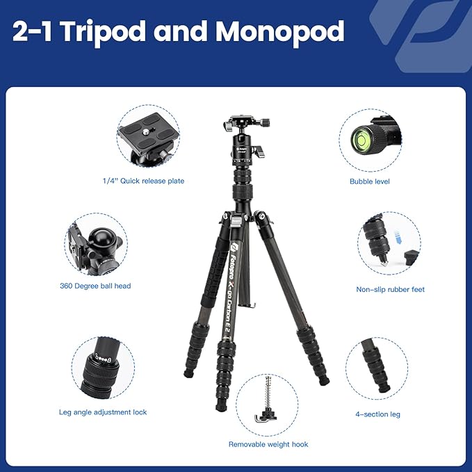 Fotopro 62" Carbon Fiber Travel Tripod, Lightweight Compact Camera Tripod with Ball Head and Arca-Swiss Quick Release Plate, Detachable Monopod, Carry Bag, Load up to 8KG/17.63lbs, Weighs only 2lbs.