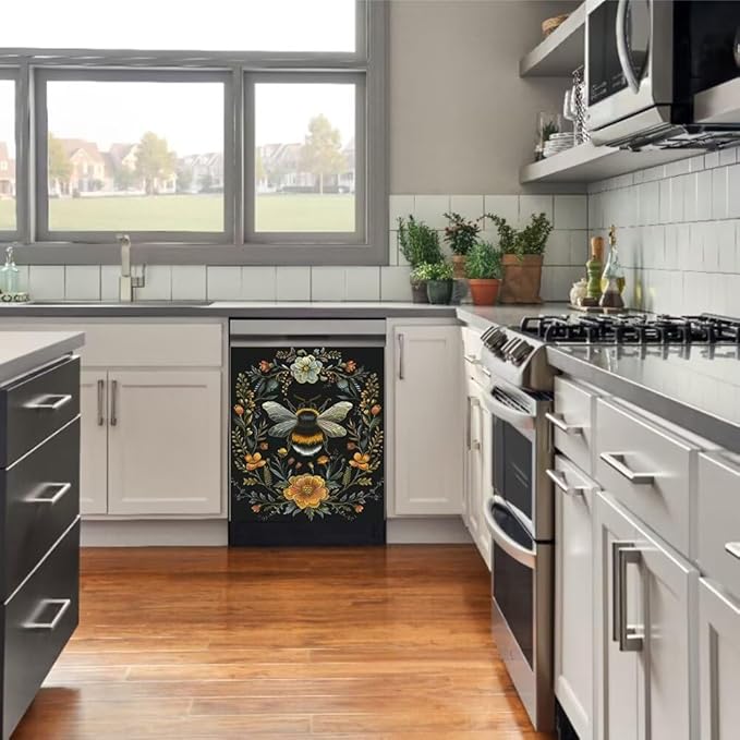 Flower and Bee Pattern Dishwasher Magnet Cover Sticekr - Kitchen Decorative Fridge Panel Decal - Kitchen Appliances Decorate Sticker - 23W x 17H inchs