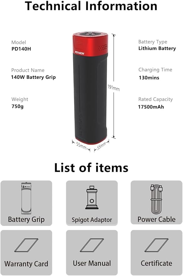 IFOOTAGE PD140H,140W USB-C Camera Power Handle Compatible with Nano II Sliding System, PD 3.1 Portable Battery Grip for Photography, Video Rig, LED Light, Monitor Power Supply, V-Mount Alternative