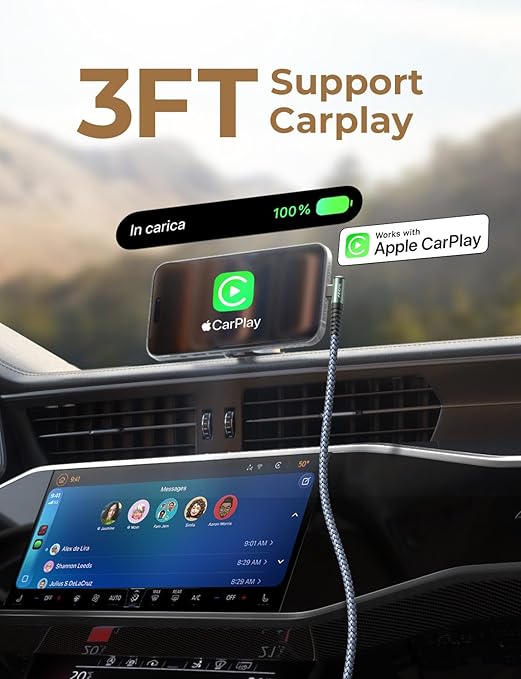 AINOPE USB A to USB C Cable Short 3. 3FT 2-Pack Right Angle Fast Charging & Data Sync Nylon Braided Carplay Android Auto Car Charger Cord for iPhone 17 16 15 Samsung Galaxy iPad Pro Air Android Phones