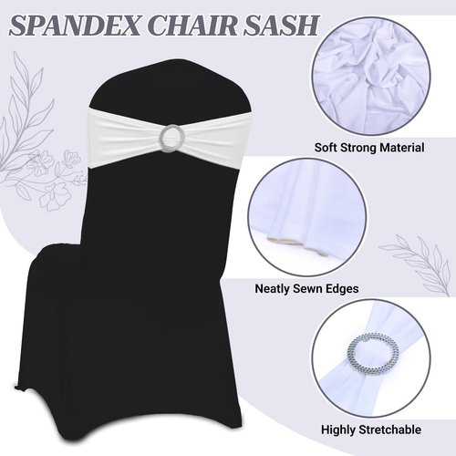 MDS Spandex Chair Sashes - Pack of 200 Universal Stretch Bands with Buckle Slider for Wedding Decor - White
