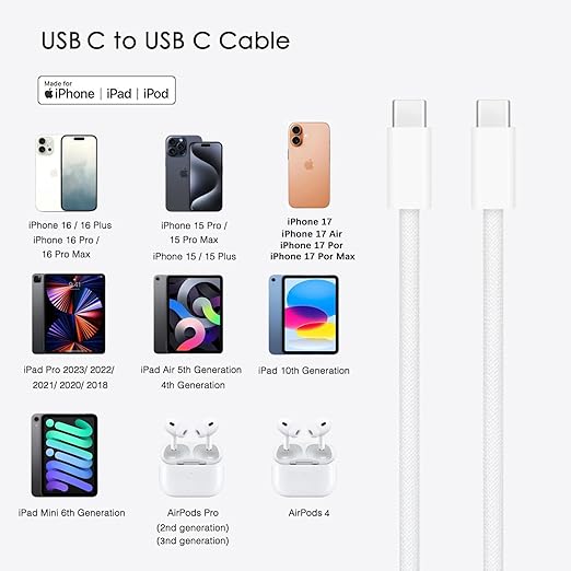 6FT iPhone 17/16/15 USB C to USB C Cable for iPhone 17E/16E,17Air, 17 16 15 Pro Max, 15/16 Plus Woven Cable, AirPods 4/ AirPods Pro (2nd/3rd Gen), iPad 10th Gen iPad Pro iPad Air 5th 4th Charger Cable