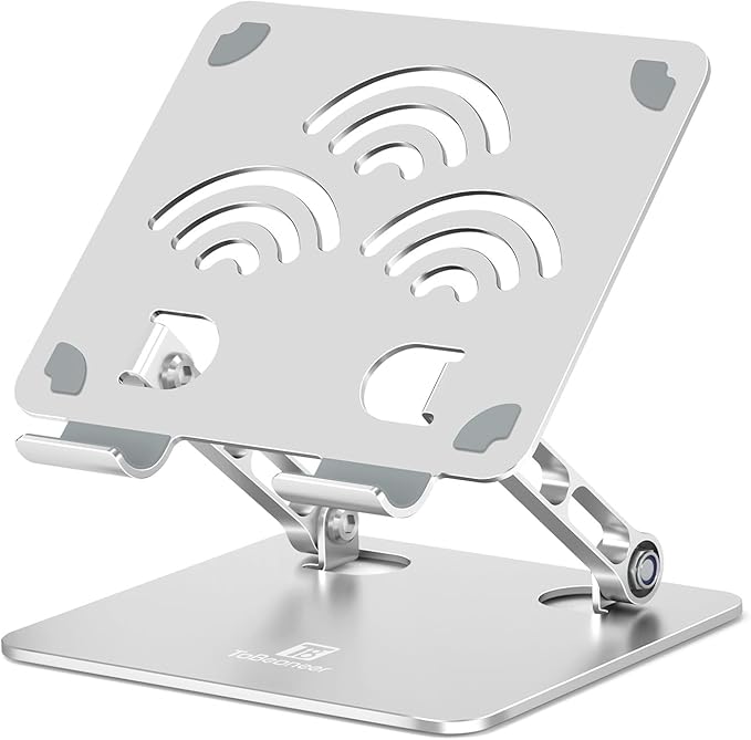 ToBeoneer Adjustable Tablet Stand for Desk, Premium Aluminum Holder for iPads, Tablets, Kindles, Switch, Phones, and All Devices up to 14 Inches. Portable and Foldable Silver, Plus Size