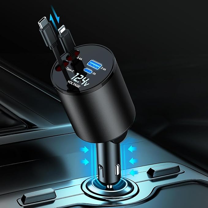 Retractable Car Charger,5 in 1 PD Car Phone Charger with Bluetooth 5.3 FM Transmitter,Handsfree Call and MP3 Player,2 Retractable Cables and USB Charging Adapter for Cars Phone,Galaxy,Pixel(Black)
