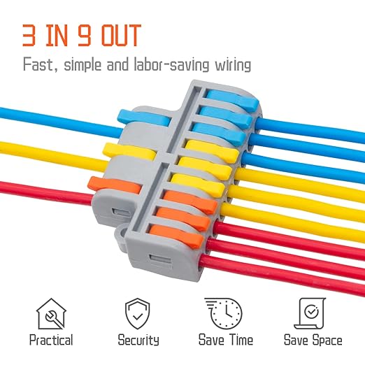 XALXMAW 5Pcs Lever Wire Connectors, 3 in 9 Out Quick Wiring Cable Electrical Connector Compact Push-in Conductor Terminal Block for 24-12 AWG
