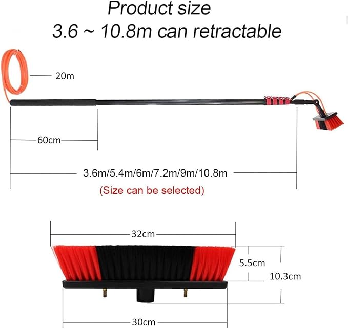 Telescopic Water Fed Pole Window Cleaner Kit, Extendable Brush & Roof Cleaning Tools with 20M Hose, 30cm Brush Head for Conservatory and Roof Cleaning, 7.2m Reach