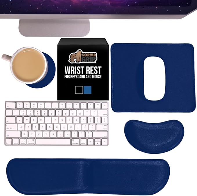 GORILLA GRIP Silky Memory Foam Keyboard Wrist Rest and Mouse Pad for Computer, Ergonomic Typing Support, Desk Office Supplies Gaming Accessories, Hand & Arm Mousepad Cushions and Coaster Set Navy Blue