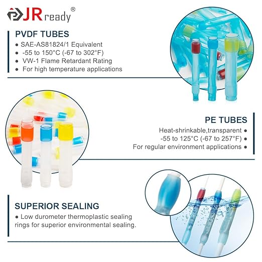 JRready 50Set IP68 Waterproof Heat Shrink Butt Splice Connector Red Environmental Crimp Splice Kit 26–20 AWG (D-436-36, M81824/1-1) Butt Connectors with PVDF/PE Sleeves ST6385-20-50