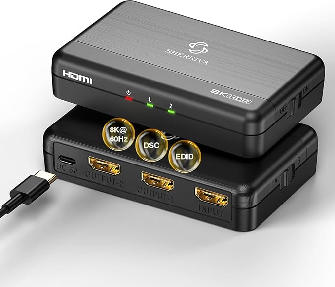 8K HDMI Splitter 1 in 2 Out (Mirror Only) – HDMI 2.1 8K@60Hz, 4K@240Hz DSC, 48Gbps, HDCP 2.3, EDID, Auto Downscaling, Duplicate Screens for Dual Monitors, TV, PS5, Xbox
