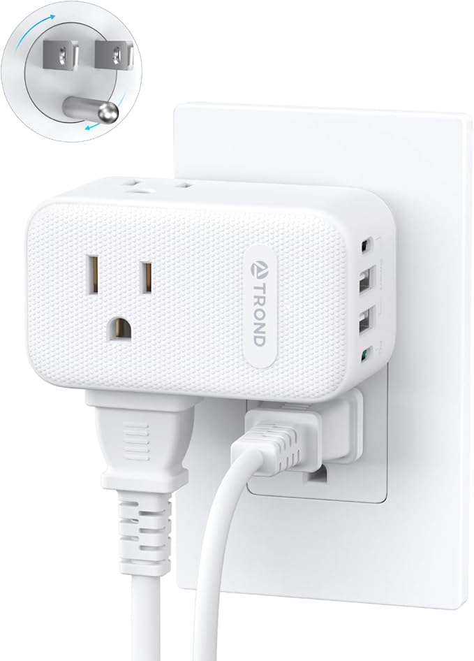 TROND Outlet Extender with 2 PD 20W USB C Charger, 3 AC Multi Plug Outlet Splitter with 360 Rotating Plug, USB Wall Socket Adapter, A Small Charging Station for Kitchen Bathroom Cruise Essentials