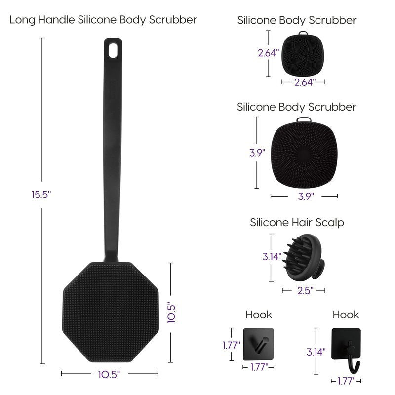 Silicone Body Scrubber Set ，Includes Back & Body Scrubbers, Face Brush, Scalp Massager, 4 Storage Hooks, Shower & Bathroom Hygiene Accessories for Gift(Black) (D)