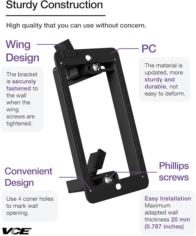 VCE Low Voltage Mounting Bracket Single Gang Wall Plate, Flush Low Voltage Box for Network, HDMI, Coaxial, Speaker, Telephone Cables, Black, 25 Pack