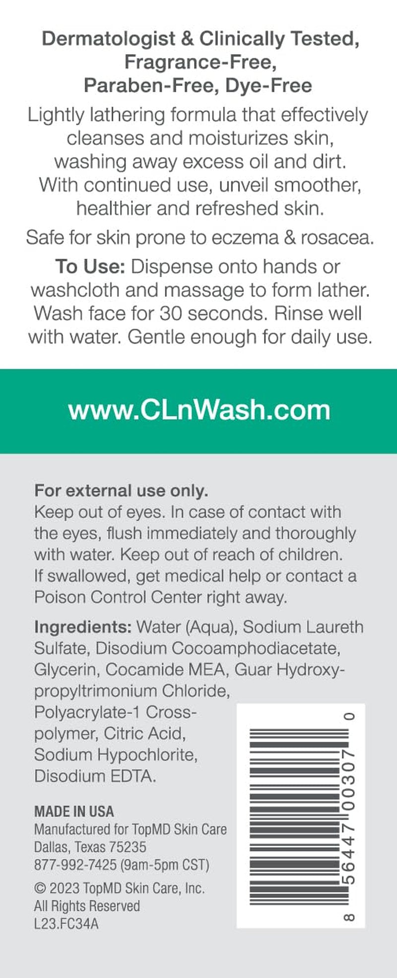 CLn® Facial Cleanser - Hydrating Facial Cleanser with Glycerin, For Skin Prone to Dryness, Eczema, Redness, Irritation & Acne Sensitivity, Fragrance-Free & Paraben-Free, 3.4 fl. oz.