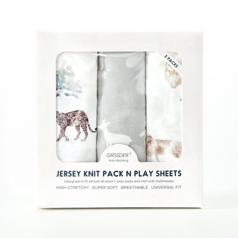 Stretchy Ultra Soft Jersey Knit Pack n Play Sheets Set 3 Pack, Portable/Mini Crib Sheets for Girls and Boys, Universal Fit for Pack N Plays Safe and Snug, Stylish African Savannah Animals Pattern