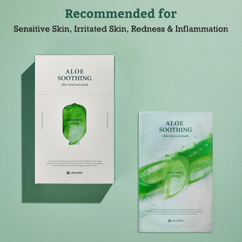 LEADERS Aloe Soothing Skin Renewal Mask – Calms Irritated Skin, Reduces Redness & Provides Deep Hydration – Gentle Formula for Sensitive Skin – Hydrating Face Mask with Aloe Vera – 10 Sheets