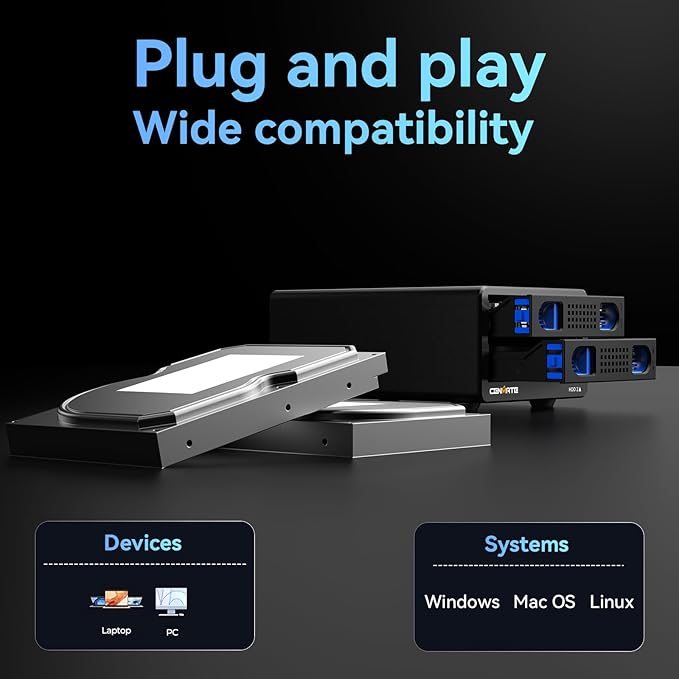 CENMATE Aluminum 2 Bay Hard Drive Enclosure with Cooling Fan for 2.5“/3.5" SATA HDD/SSD with USB A/C 3.0, Support Hot Swappable, Tool-Free HDD Enclosure, DAS(NO RAID/NAS)