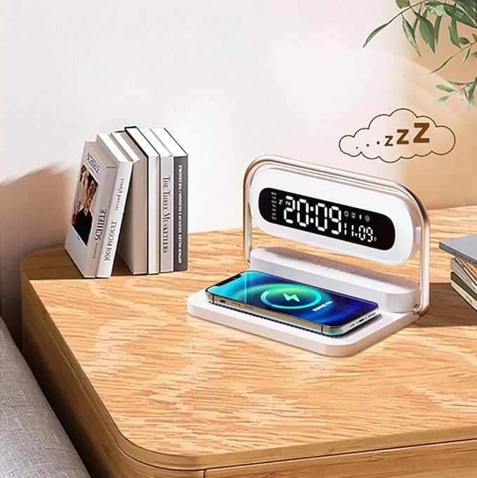 OTXKOO 4-in-1 Multifunction Mobile Wireless Charger with Colorful Night Lights, Bluetooth Speaker, Digital Clock Alarm ; M11