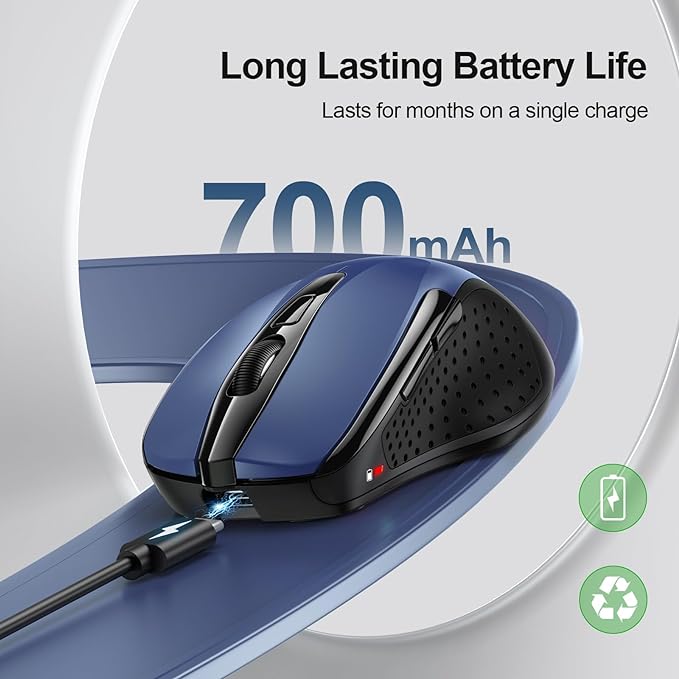 TECKNET Wireless Mouse Rechargeable, 2.4G USB-A Silent Mouse, Quiet Click, 6 Adjustable 4800 DPI, Cordless Computer Mice, Ergonomic Mice for Laptop, 6 Buttons for Chromebook, Ergo Grip - Blue