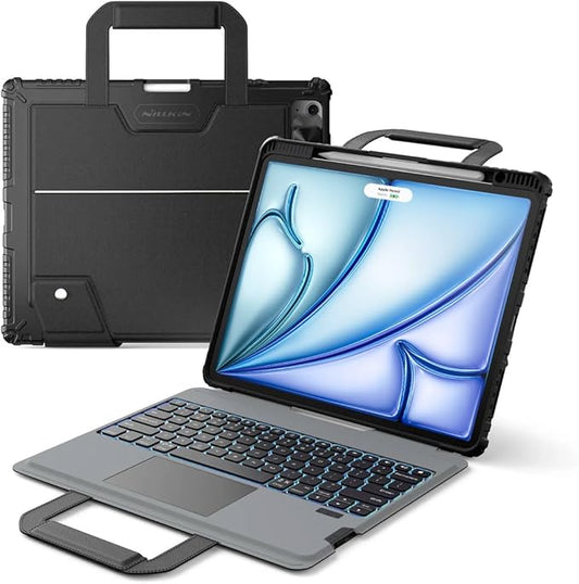Nillkin Carry Go Keyboard Case for iPad Air 13 inch (M4/M3/M2) with Handle, iPad Pro 12.9 (3rd-6th Gen) Rugged Case with Detachable Keyboard, Magic Trackpad, 7 Colors Backlit, Camera Cover, Black