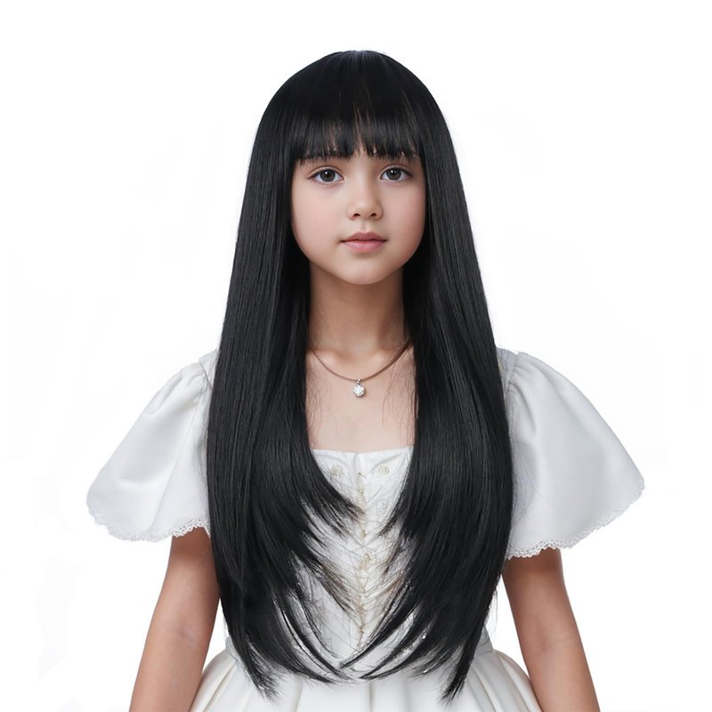 Edivd Black Wig for Child Long Natural Black Wig with Air Bangs for Girls Long Straight Wigs for Kids Heat Resistant Synthetic Wigs with Cap