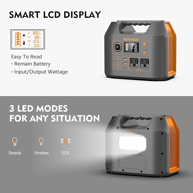 EnginStar Portable Power Station,300W Solar Generator, 110V 296Wh Power Bank Two Pure Sine Wave AC Outlet 80000mAh Lithium Battery Pack for Camping Outdoors Trip RV Hunting Vans Emergency Backup
