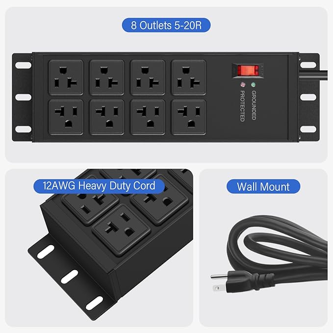 CCCEI Heavy Duty Power Strip Surge Protector 20 AMP Switch, 12 Gauge Extension Cord with Multiple Outlets, Industrial, Shop, Garage High Amp Wall Mount Electric Extender. 12FT, Black.