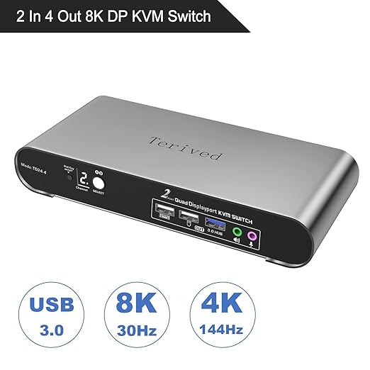 Terived 2 Port DP USB 3.0 Automatic KVM Switch Quad Monitor Two Computers Four DisplayPort Monitors, 8K@30Hz 4K@144Hz, Aluminum hotkey Audio Microphone, Digital Display, HDR10 with Cables