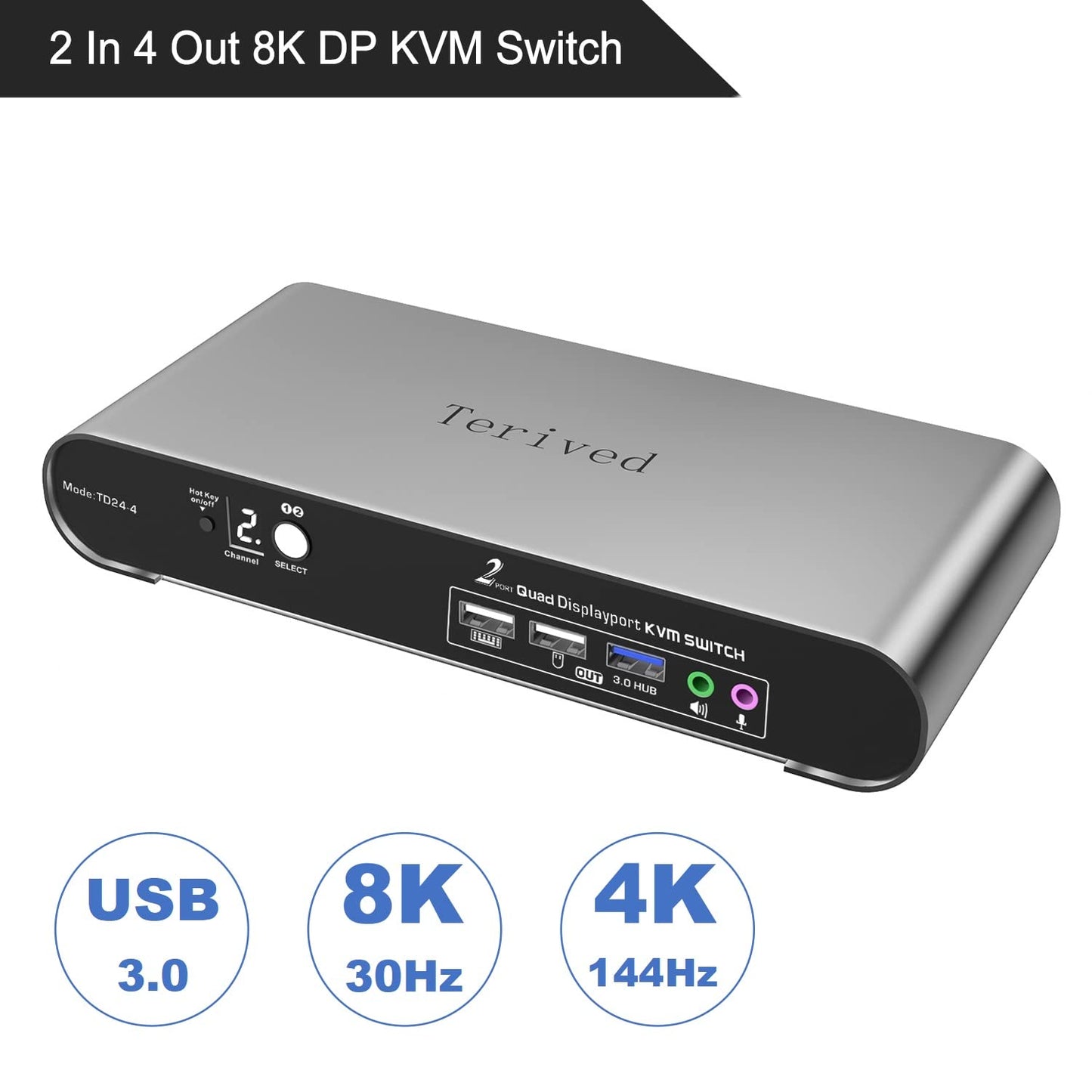 Terived 2 Port DP USB 3.0 Automatic KVM Switch Quad Monitor Two Computers Four DisplayPort Monitors, 8K@30Hz 4K@144Hz, Aluminum hotkey Audio Microphone, Digital Display, HDR10 with Cables