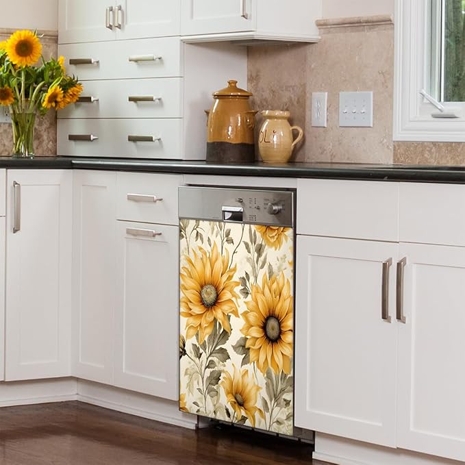 Dishwasher Magnet Cover Retro Sunflower Florals Flower Pattern Reusable Dishwasher Magnetic Cover Sticker Decorative Dish Washer Door Cover Panel for Home Kitcen Appliance, 21x26 in