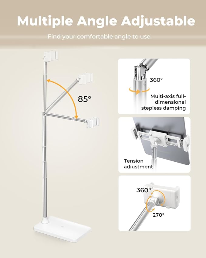 SupeDesk Tablet Floor Stand, Adjustable iPad Holder for Bed & Sofa - 360° Rotating Long Arm, Height Adjustable from 13.5" to 60.3", Sturdy Metal Base for iPad, Tablet, Phone (4-13 Inch), White