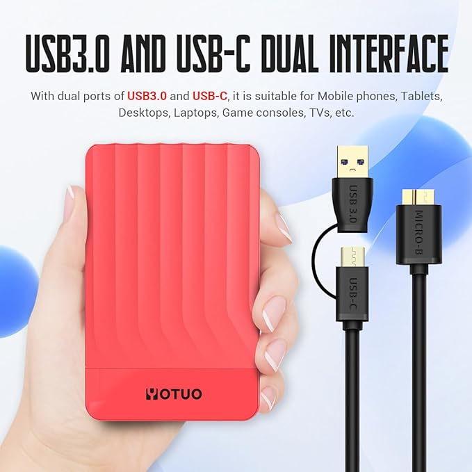 YOTUO 500GB External Hard Drive, Portable Storage Expansion HDD, USB 3.0 & USB-C for PC, Mac, Desktop, Laptop, Smartphone, PS4, Xbox One, Xbox 360, Office & Game, Red