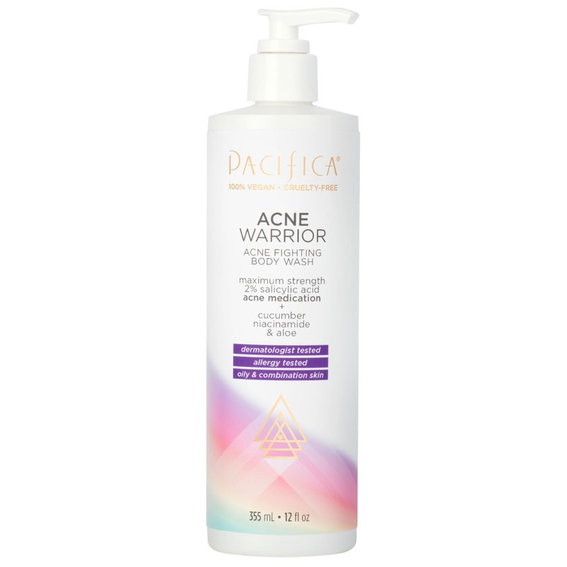 Pacifica Beauty Acne Warrior Acne Fighting Body Wash with Pump, Bath and Shower Gel, 2% Salicylic Acid, Cucumber, Niacinamide, Aloe, Acne Treatment, Blemishes, Vegan, 12 fl oz (1 Count)