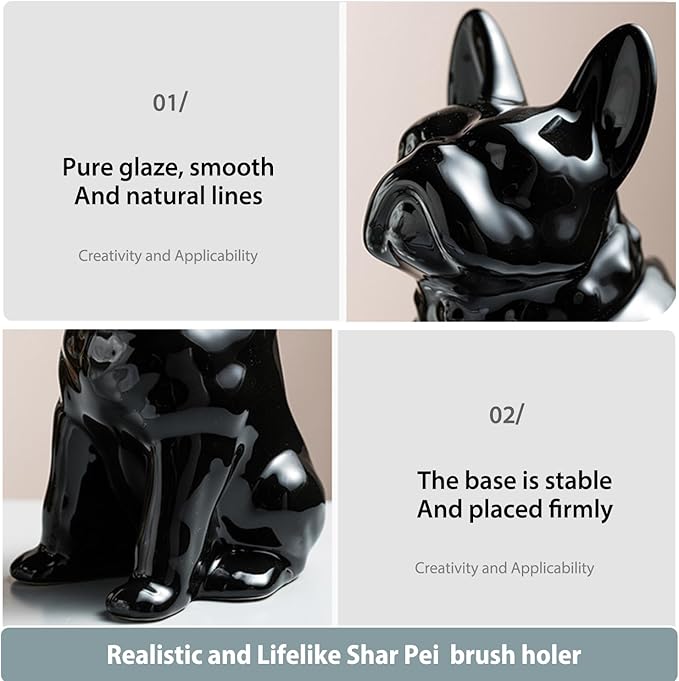 Shar Pei Hideaway Toilet Brush Holder - Concealed Brush Storage, Modern Black Ceramic Bathroom Organizer with Sturdy Brush & Foam Protection, Dog Lover Gift