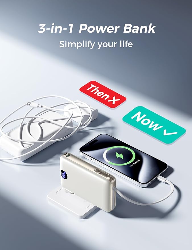 Portable Charger with Built-in Cables & Wall Plug, 50000mAh Power Bank, 4 Outputs 22.5W USB C Fast Charging, Mini Travel Essentials Battery Pack with LED Display for iPhone/iPad/Samsung etc Cheese