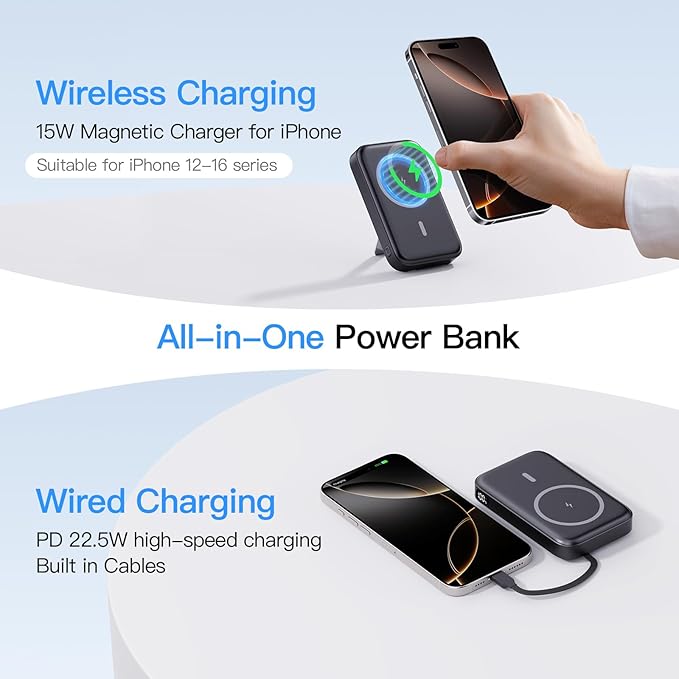 VTIAEK 2026 Latest Portable Charger, 16800mAh Magnetic Wireless Power Bank with 2 Built in Cables, LED Display Battery Pack Travel Essentials for iPhone 17/16/15/14/13/Pro/Mini/Pro Max Andriod