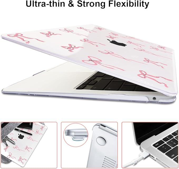 LCMOCICO Compatible with 2021 2020 2019 2018 MacBook Air 13 inch Case M1 A2337 A2179 A1932 with Touch ID, Crystal Clear Pattern Plastic Hard Shell Case for MacBook Air 13 M1 2021, Pink Bowknot