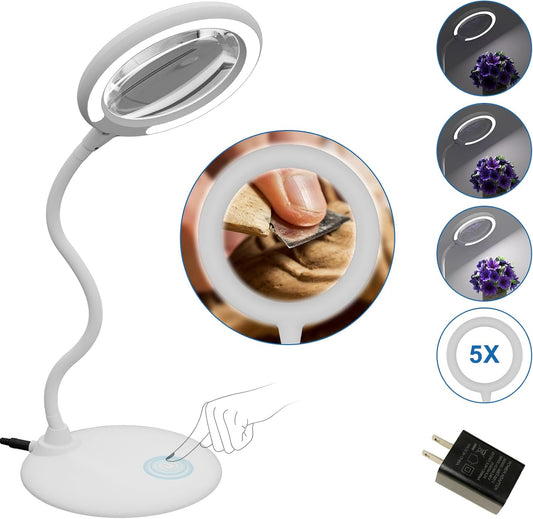 Skiennix Magnifying Glass - 5X LED Lighted Desk Lamp with Stand for Seniors & Hobbies