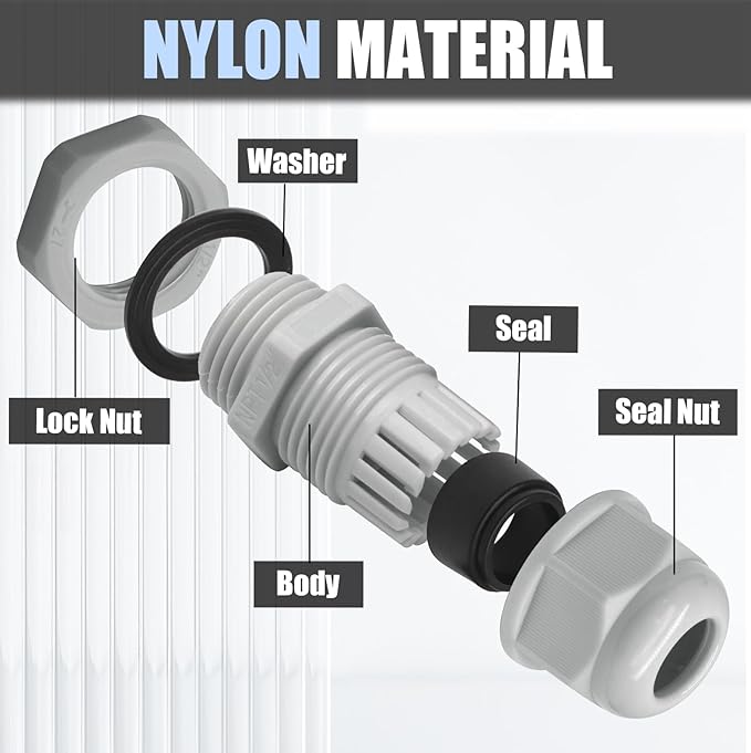 Kyuionty 12 Pcs 1/2" NPT Nylon Cable Glands, Grey Strain Relief Cable Cord Connector IP68 Waterproof Junction Box Wire Protectors Adjustable for 6-12mm Cable Diameter