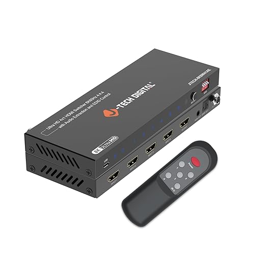 J-Tech Digital 8K HDMI Switch 4 in 1 Out 8K@60Hz 4K@120Hz 1080P@240Hz, HDMI Audio Extraction to Optical & 3.5mm, HDR HDCP 2.3 EDID Control, Compatible with PS5 PS4 Xbox Switch Apple TV Roku Fire TV